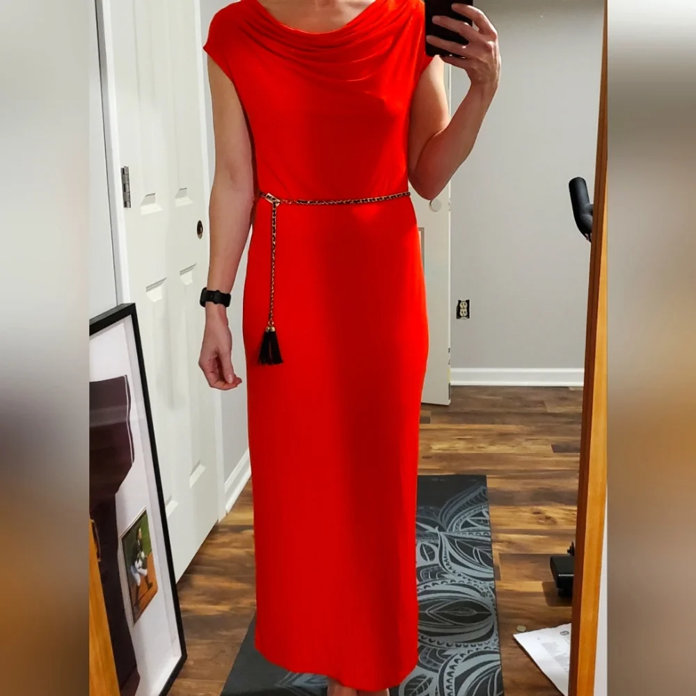 Calvin Klein Red Cowl Neck Maxi Dress with Gold Belt - Picture 2 of 6